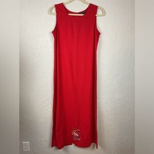 Citi Dress Red Linen Blend Sleeveless Maxi Dress Oriental Embroidered Size 10
